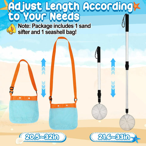 1 Pack 21.6"~33" Sand Sifter with Seashell Bag- Adjustable Shark Tooth Sifter & Sea Shell Bags for Beach Seashell
