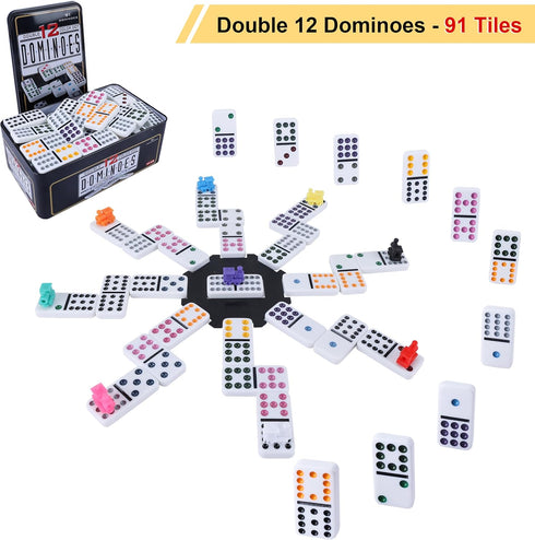 12 Set 8PCS 9 91 Set Double Mexican Train Dominoes for Adults with Wooden Holders, Train Markers, Color Dot Tile
