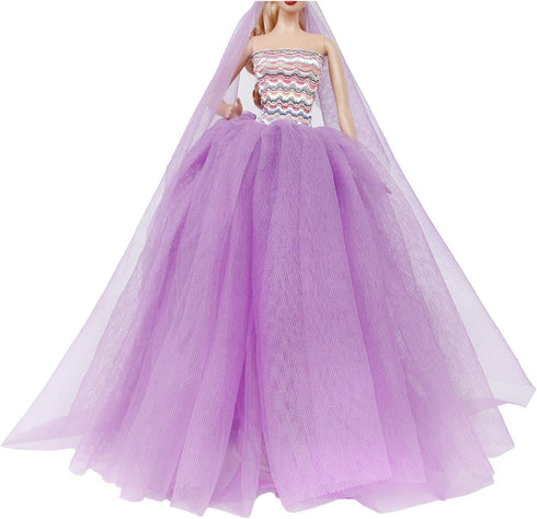 11.5 inch BJDBUS Girl Doll Clothes Purple Trailing Lace Wedding Dress with Veil