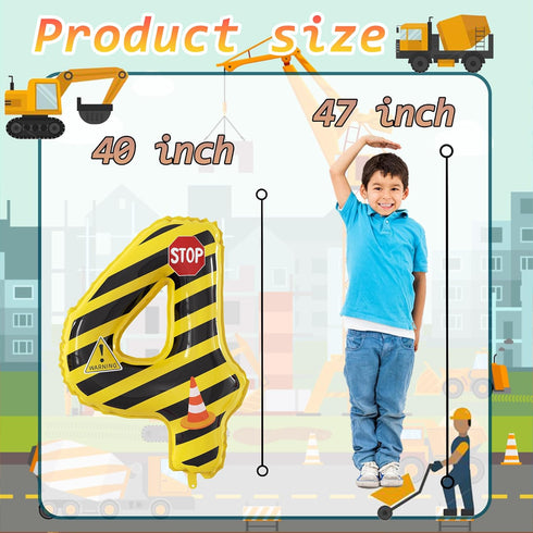 JUANBUDONG Set,Yellow 4 Balloons,4th Construction Theme Balloons and Black Striped Construction Foil Number