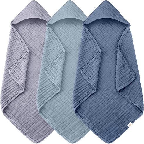 Ease Cubs 3-Pack Muslin Hooded Baby Towels, 100% Cotton, Ultra-Soft & Absorbent Baby Bath