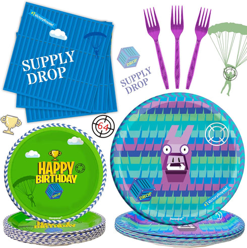 Video Games Party Tableware Supplies - 64pcs Llama Set with Plates, Forks, Napkins for Birthday Decorations