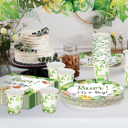 200 Pcs Dinosaur Baby Shower Party Supplies Set - Plates, Napkins, Cups for 50 Guests Girls Spring Decoration