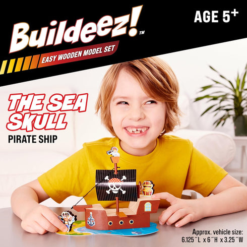 Set: 5+) Creativity for Kids Buildeez! Easy Wooden Model Pirate Ship, Sea Skull - DIY Arts & Crafts Kit, STEM Toys