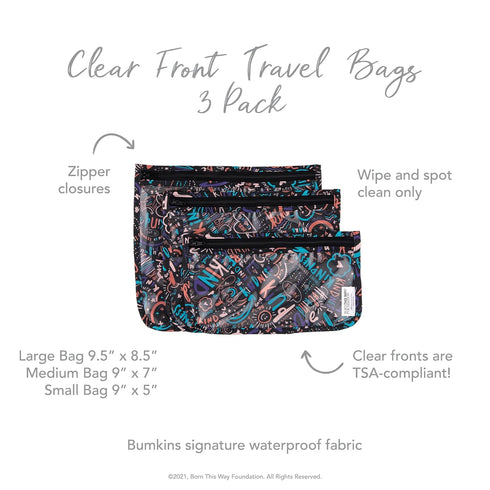 Bumkins Travel Bag Set of 3 Sizes, Clear-Sided Toiletry Pouch, TSA Approved, Quart Size, Baby Diaper Bag Organization,