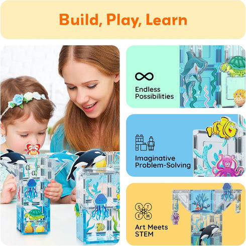 Set 8 3+ PTQ15 PicassoTiles Magnet Tiles Magnetic Building Blocks Aquarium Marine Animal Theme with Character Action