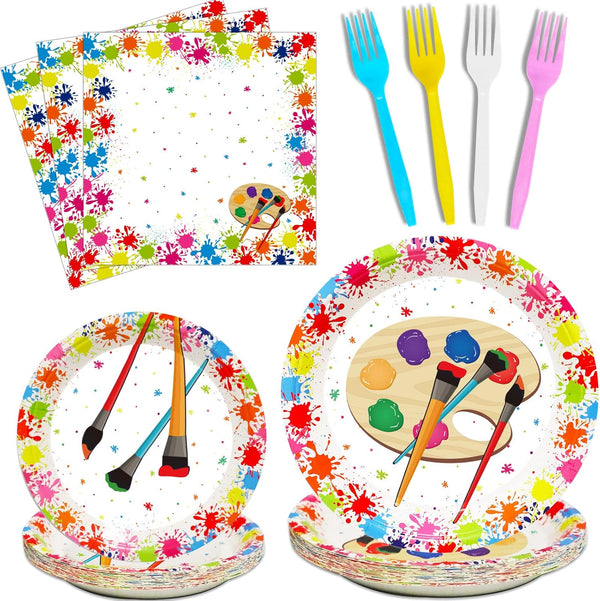 96 Pcs Art Plates and Napkins Party Supplies, Paint Tableware Set for Art Paint Birthday Baby Shower Serves 24