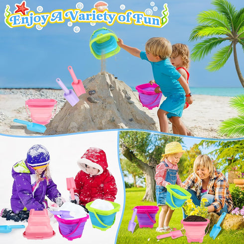 Collapsible Beach Buckets for Kids, Foldable Sand Buckets and Shovels with Mesh Bag, Silicone Sand Pails Travel Beach