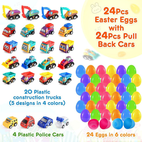 24 Pack Ellinjan Prefilled Easter Eggs with Toys Inside, Pull Back Cars Easter Eggs with Construction Vehicles, Easter