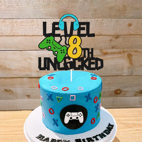 Happy 8th Birthday Cake Topper, Level 8 Unlocked for Boys, Video Game Controller Theme Party Supplies