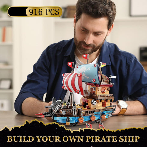 Sets 916 14+ Vziimo Pirate Ship Building with Lights, Creative Model Ship Boat Pirate Themed Toys Building Kits
