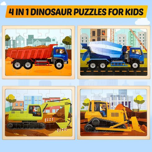 Wooden Vehicle Puzzles for Kids Age 3-5 - 4 Pack 24 Pcs Montessori Toddler Jigsaw Puzzles for Learning Activities