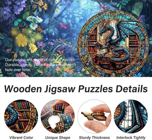 (300 13.4"x13.4") WOODBESTS Wooden Puzzles for Adults Piece, L, Dragon's Library Wood Puzzle Adult, Unique Wooden