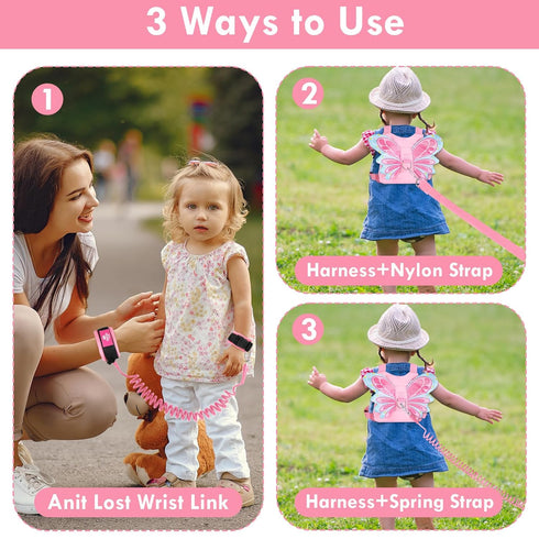 Lehoo Castle 3 in 1 Baby Leash for Toddlers, Anti Lost Wrist Link with Key Lock Design (Pink Butterfly)