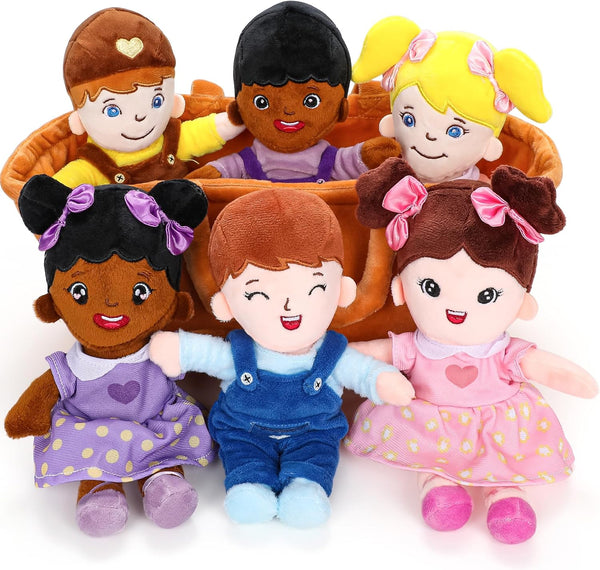 Basket of 8" Plush Diversity Baby Dolls - 6 Piece Set with Interchangeable Clothes for All Ages