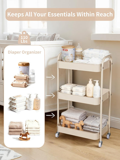 3 Fortella Baby Diaper Caddy, Tier Rolling Storage Cart for Baby Essentials, Diaper Cart with Detachable Dividers