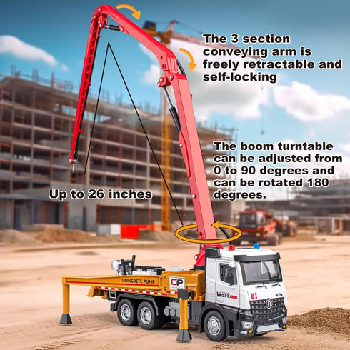 Concrete Pump Truck Toy, Diecast Construction Trucks with Working Water Pump, Lights and Sounds for Kids