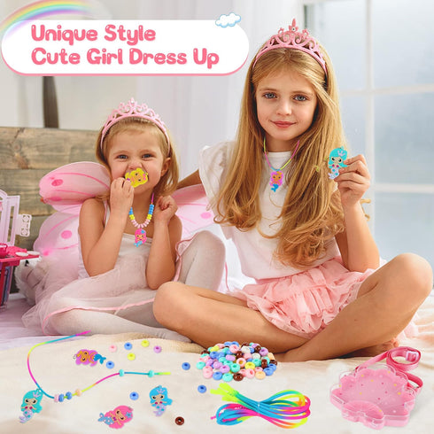FLYINGSEEDS Mermaid Necklace Making Kit for Little Girls, Beaded Arts and Crafts with Shoulder Box