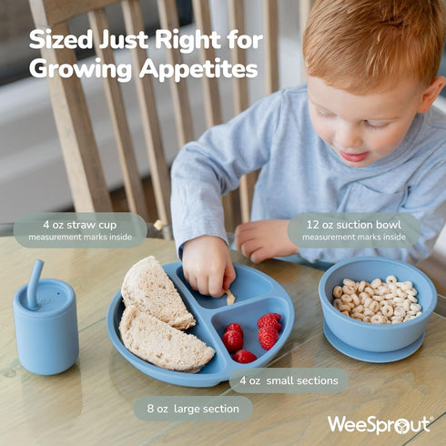 WeeSprout Baby Led Weaning Bundle, Silicone Suction Bowl, Spoons, Bib & Cup, Develops Self Feeding Skills, Dishwasher