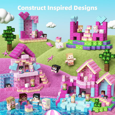 100PCS 3+, Playsets GobiDex Magnetic Blocks Princess Building Toys for Girls Magnet Pink Castle STEM Sensory