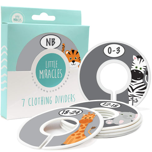 Safari Nursery Closet Size Dividers - 7X for Baby Clothes, Elephant Giraffe Zebra Lion Monkey Decor (Grey)