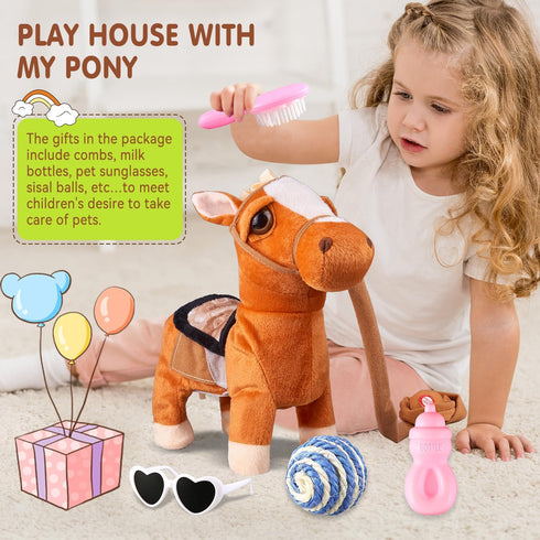 HCdoujoy Brown Walking Pony for Kids Plush Interactive Singing Dancing Musical Realistic Pet, Stuffed Animal Shaking