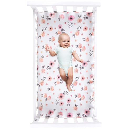Pink Floral Girl Crib Sheet - 100% Combed Cotton, Breathable Watercolor Rose Baby Girl Crib Sheets