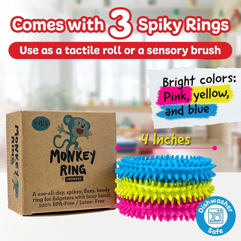 Impresa Monkey Noodle 3-Pack Spiky Sensory Rings, Fidget Bracelets & Tactile Fidget Toys for Kids & Adults
