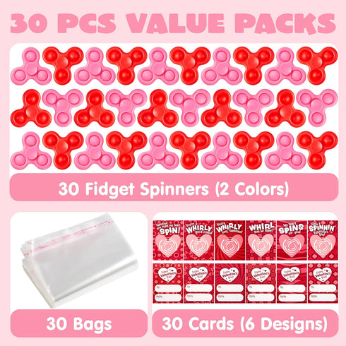 30 Packs JOYIN Valentine's Day Gift Cards with Fidgets Spinners, Pop Bubble Spinners Fingertip Toys, Stress Relief