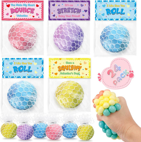 BAYSING Valentines Day Cards for Kids School, 24 Pack Squeeze Stress Balls Sensory