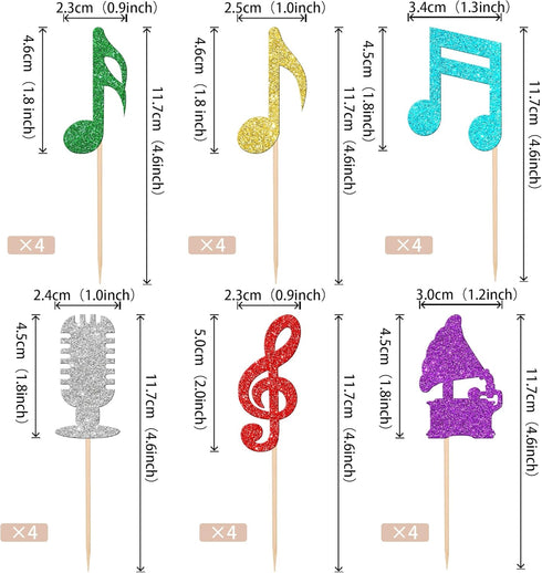Rsstarxi 24 Pack Cupcake Toppers Glitter Microphone Musical Symbol Cupcake Picks Rock Music Concert Theme Birthday