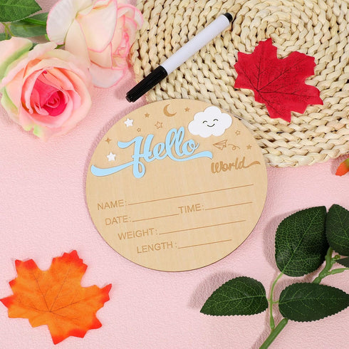 Penitue 5.9in Newborn Welcome Signs, Round Wooden Moon Clouds Hello World Newborn Birth Announcement Sign Photo Props