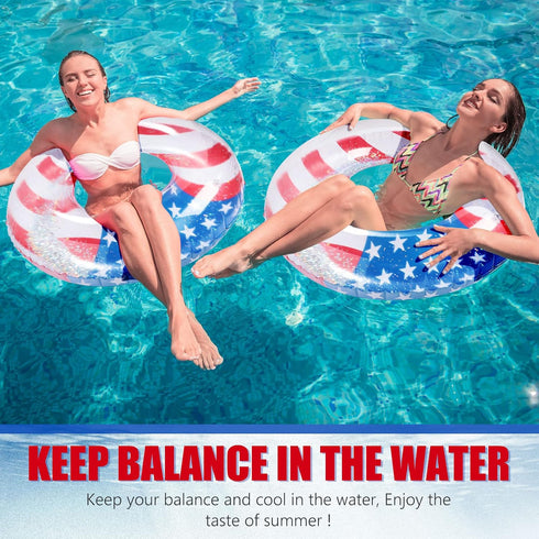 Zhanmai Patriotic Inflatable Pool Float Tube - USA Flag Design Water Swimming Ring for Kids, 36 Inch (2 Pieces)