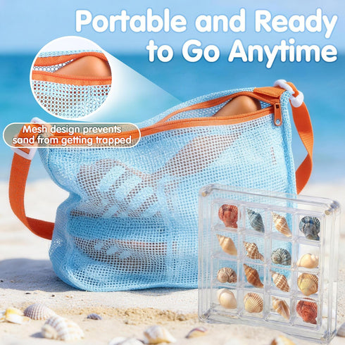 LullaBlock 2 Pack Beach Sand Sifter with Seashell Bags & Shell Display Case, Beach Toys for Kids Beach Seashell