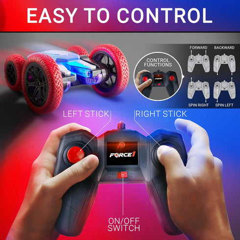 Force1 4WD 360 2.4GHz Tornado+ Remote Control Car for Kids- Double Sided Fast RC Cars with LED Interactive Display
