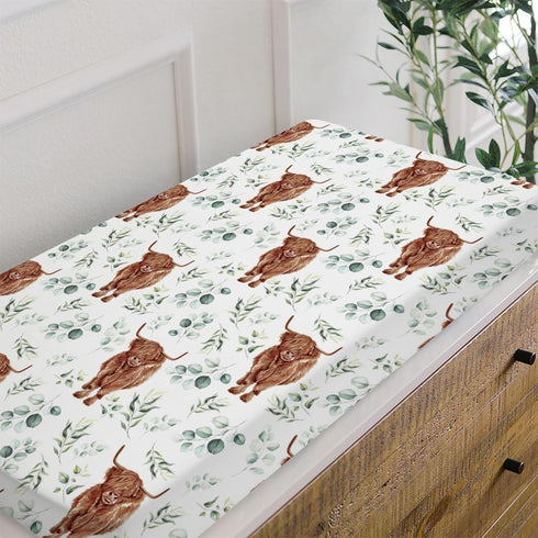 Changing Pad Cover for Baby Girl Boy, Highland Cow Eucalyptus Leaf, Soft Stretchy Safe Snug Fitted Diaper Change Table