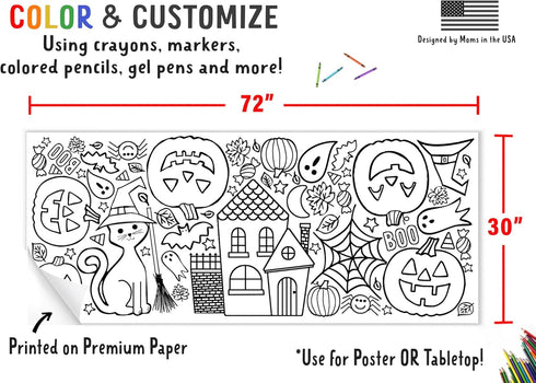 Tiny Expressions Halloween Coloring Tablecloth for Kids, 30" x 72" Giant Coloring Poster for Halloween Activities