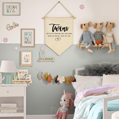 FYSIA Twin Room Sign-Twins Two Little Blessings-Canvas Hanging Pennant Flag Banner Wall Sign Decor Gift for Nursery
