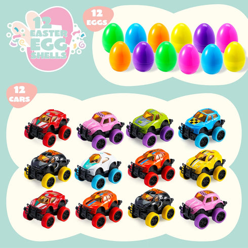 12 Pullback JOYIN Pcs Monster Cars Filled Easter Eggs for Basket Stuffers/Fillers, Easter Eggs Hunt, Party Favor