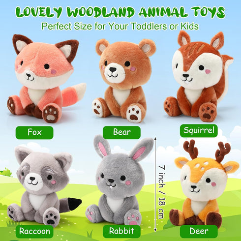 6 Pcs Woodland Animals Plush Toys - 7 Inch Bear, Rabbit, Squirrel, Deer, Raccoon, Fox Stuffed Animals for Gifts