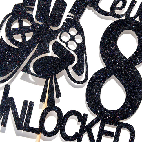 Video Game Level 8 Unlocked Birthday Cake Topper, Black Glitter Boys 8th Birthday Cake Decorations