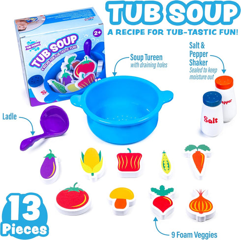 Tub Works Tub Soup Scoop, Strain & Play Toddler Bath Toy | Floating Foam Veggies, Ladle for Scooping & Soup Pot