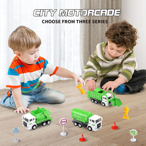 Toy Vehicles Set 3 Pack, Sanitation Truck Model with 8 Signposts, Friction Power for Boys Age 3+