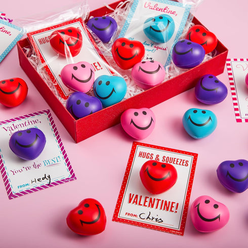 28 Packs JOYIN Heart Shape Stress Ball with Cards Stress Relief Fidget Toy for Valentine Party Favors, Classroom Prize