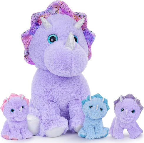 MaoGoLan 4 Pcs Purple Dinosaur Stuffed Animals Set, Plush Toys for Toddlers, Mummy Dinosaur with 3 Baby Triceratops