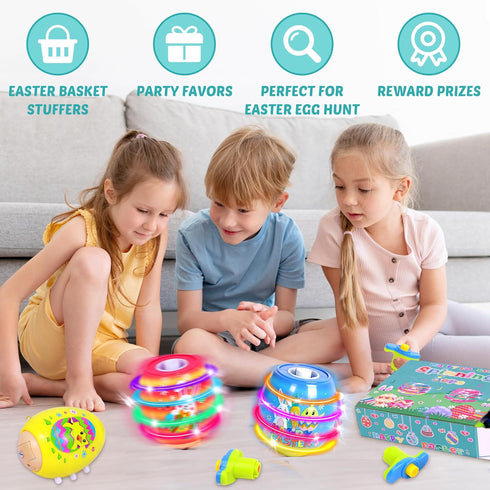 Itscolofy 4 Pack Easter Basket Stuffers for Kids Light Up Spinning Singing Tops with Flash, Easter Gifts for Toddler