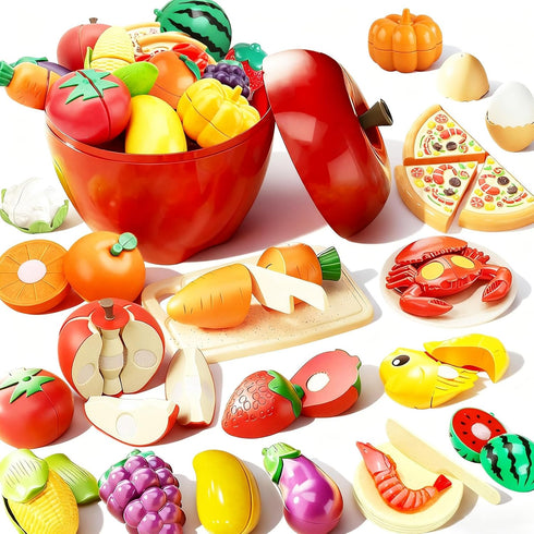 Sets Pretend Play Food for Kids Kitchen, Cutting Toy Food with Apple Basket, Play Kitchen Accessories for Toddlers
