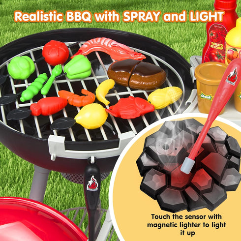 Upgrade 79PCS Toy BBQ Grill Set, Kitchen Toy Set with Realistic Spray, Light & Sound for Kids, Christmas Birthday Gift