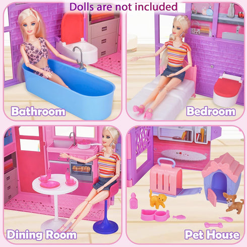 11.5-inch 2-Story 37 Doll House for Dolls, Foldable Dollhouse with pcs Furnitures & Accessories, Playhouse with Pet