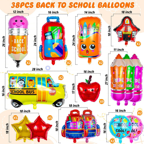 ZHWKMYP 38 Pcs Back to School Balloons, School Helium Mylar Balloon, Apple Pencil Crayon Bus Helium Foil Balloons